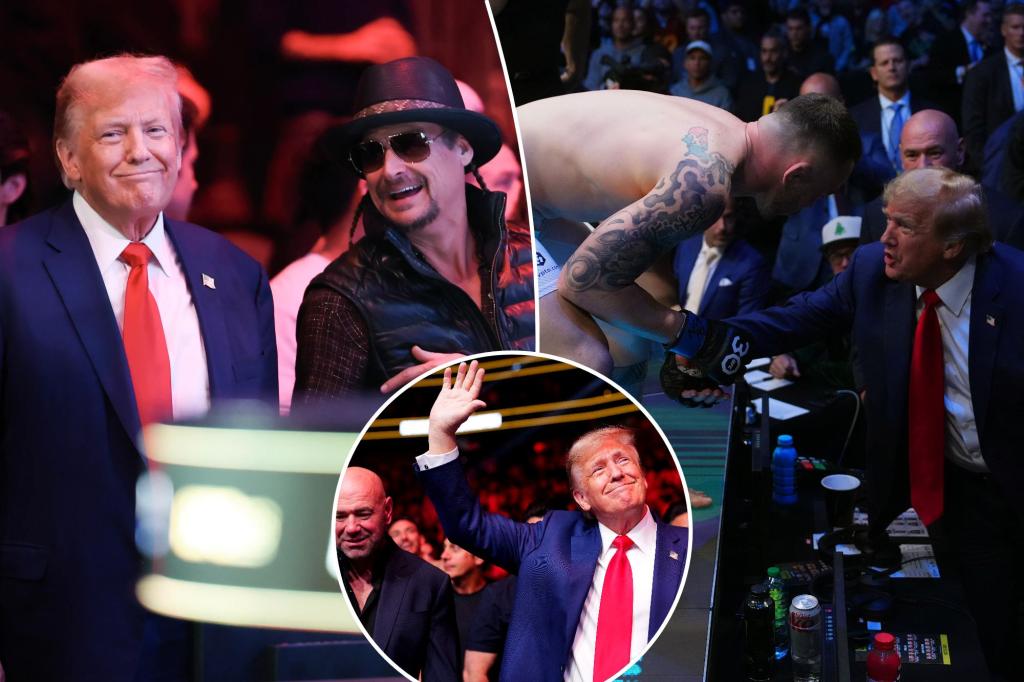 يجلس ترامب بجانب القفص مع كيد روك أثناء هزيمة المؤيد كولبي كوفينجتون في بطولة UFC 296، والتي قارنها المقاتل بخسارة الرئيس السابق في عام 2020
