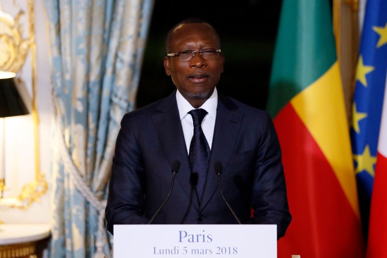 Benin president Patrice Talon holds a press conference after a meeting at the Elysee Palace in Paris, Monday, March 5, 2018. (Etienne Laurent, Pool via AP)