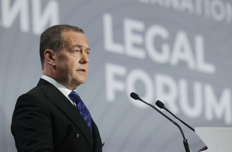 epa12120769 Deputy Chairman of the Russian Security Council Dmitry Medvedev speaks during a plenary session 'The Law: Lessons of the Past for the World of the Future' of the 13th St. Petersburg International Legal Forum (SPILF) at the ExpoForum Convention and Exhibition Centre in St. Petersburg, Russia, 20 May 2025. EPA-EFE/EKATERINA SHTUKINA / SPUTNIK / GOVERNMENT PRESS SERVICE / POOL MANDATORY CREDIT