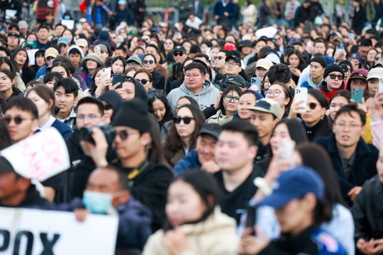 Demonstrators hold a rally demanding the resignation of Prime Minister Luvsannamsrain Oyun-Erdene over alleged economic mismanagement and corruption involving his family, at Sukhbaatar Square in Ulaanbaatar, the capital of Mongolia, on June 2, 2025. (Photo by Byambasuren BYAMBA-OCHIR / AFP)