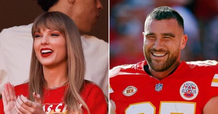 تايلور سويفت تهتف لخطيبها ترافيس كيلسي مع بريتاني ماهومز في لعبة Chiefs vs.Commanders