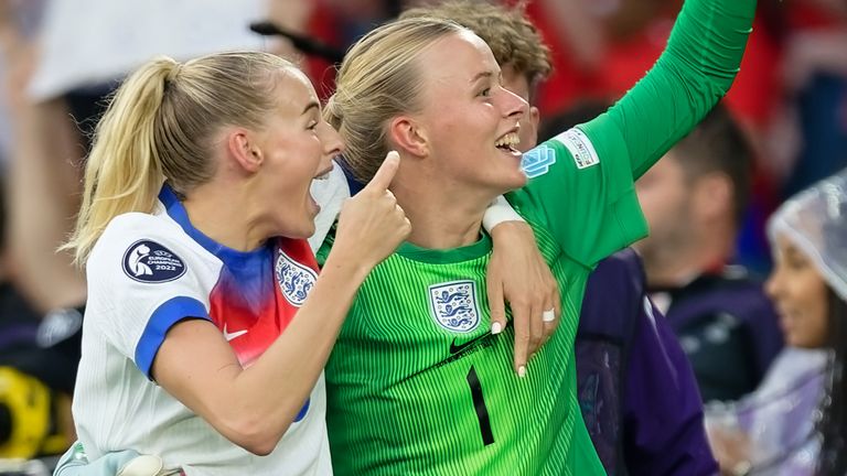Chloe Kelly and Hannah Hampton of England celebrate after winning EURO 2025 on July 27, 2025 in Basel, Switzerland
